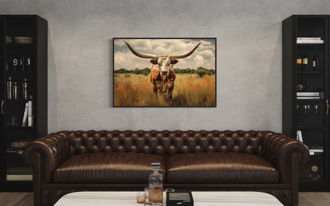 Sepia Texas Longhorn Cow Wall Art "Prairie Monarch" over brown couch