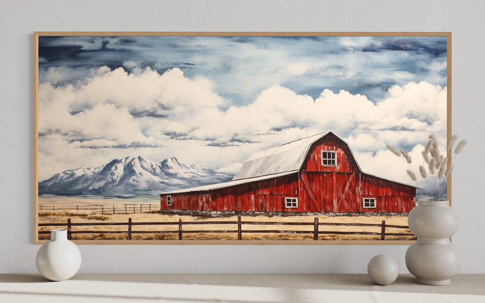 Old Red Barn In Mountains Canvas Wall Art "Countryside Calm" close up view in oak frame