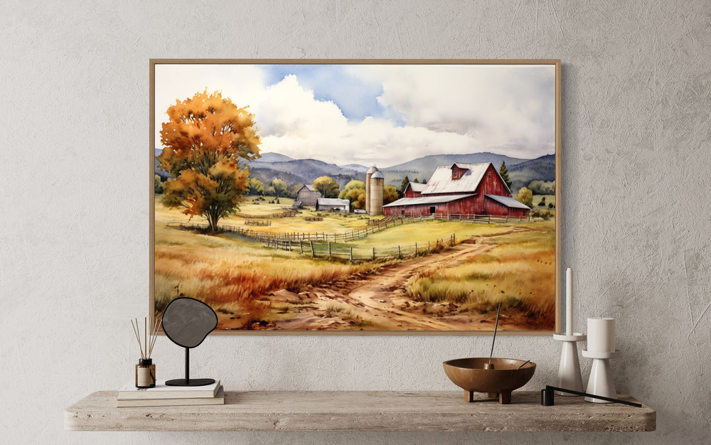 close up of Farm Scene Painting With Red Barn in The Field Wall Art "Autumn Farmstead"
