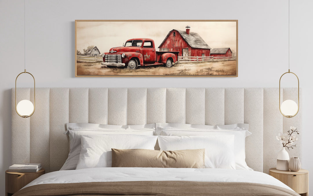 Red Truck And Barn Painting on Wood Long Horizontal Canvas Wall Art "Rural Americana" hanging over bed