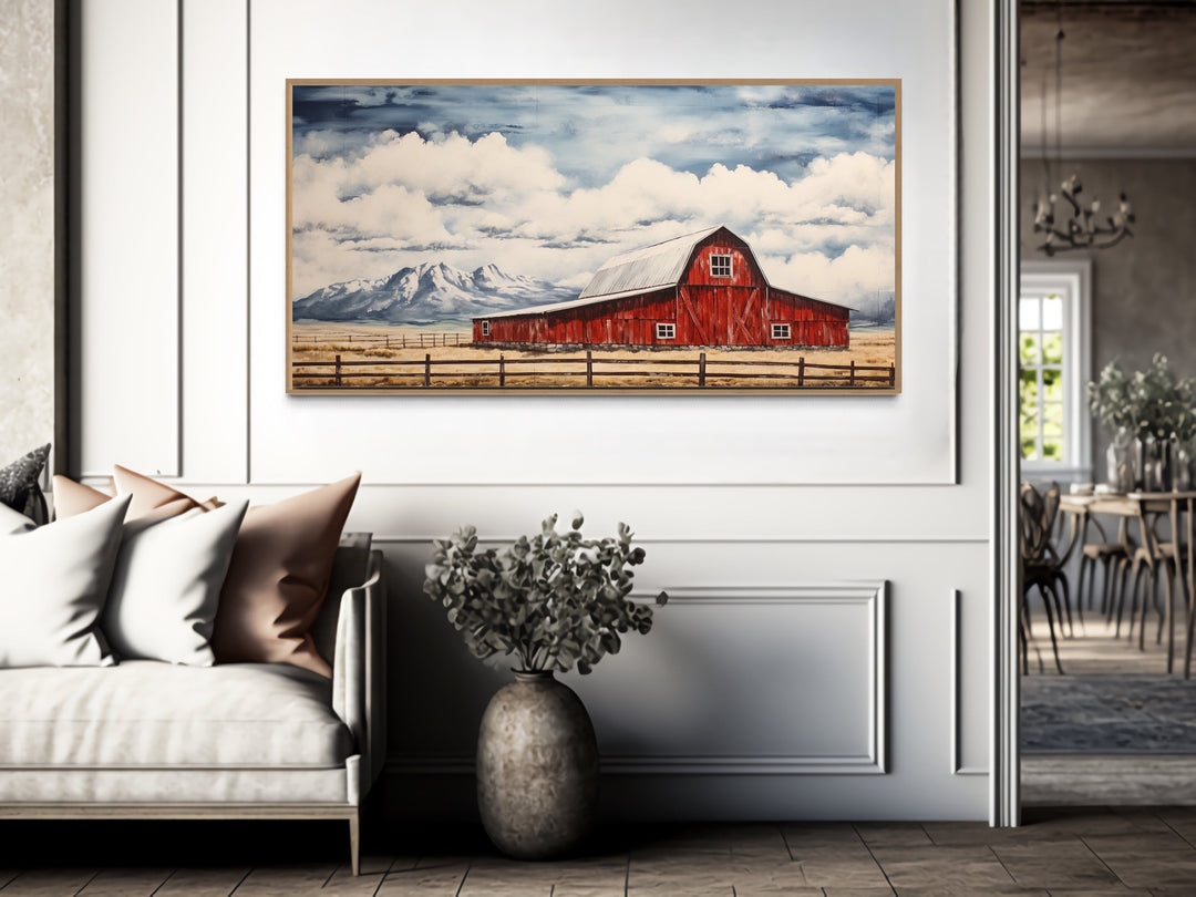 Old Red Barn In Mountains Canvas Wall Art "Countryside Calm" hanging in rustic home