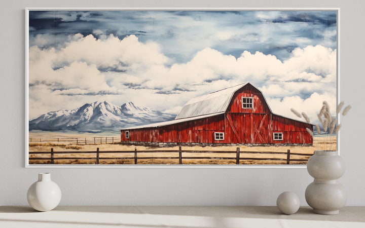 Old Red Barn In Mountains Canvas Wall Art "Countryside Calm" in white frame