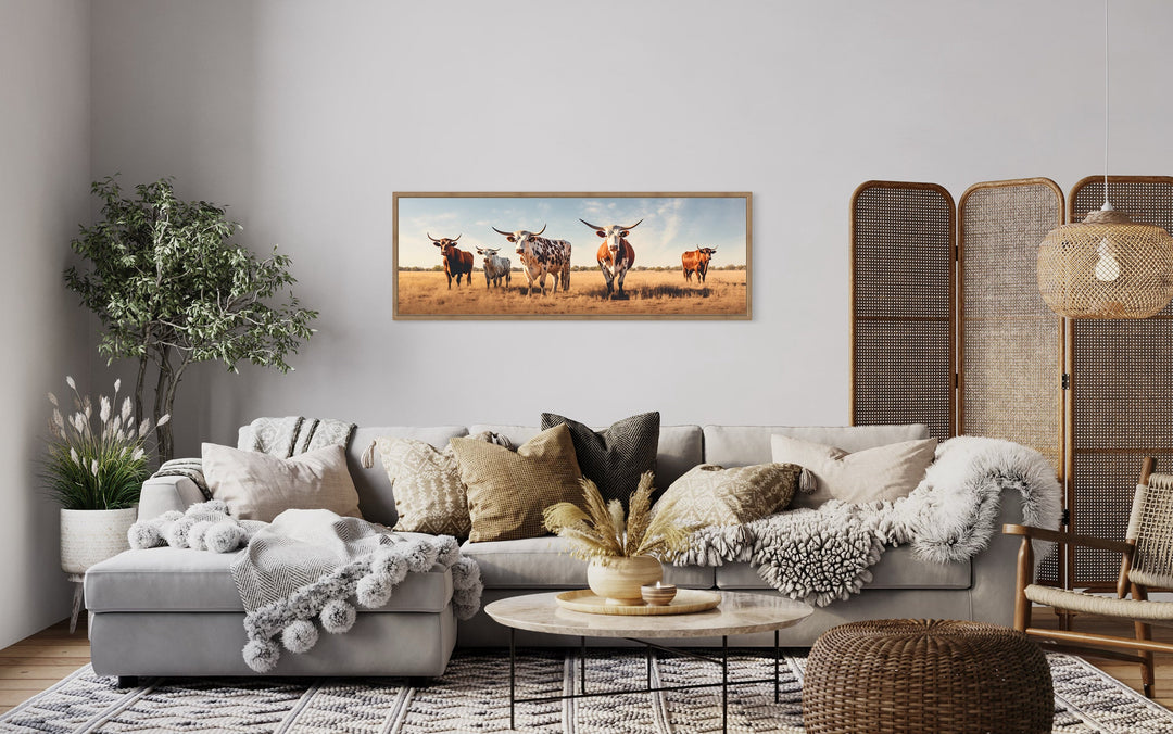 Herd of Texas Longhorn Cows Panoramic Wall Art "Quintet Horizon" in luxury home