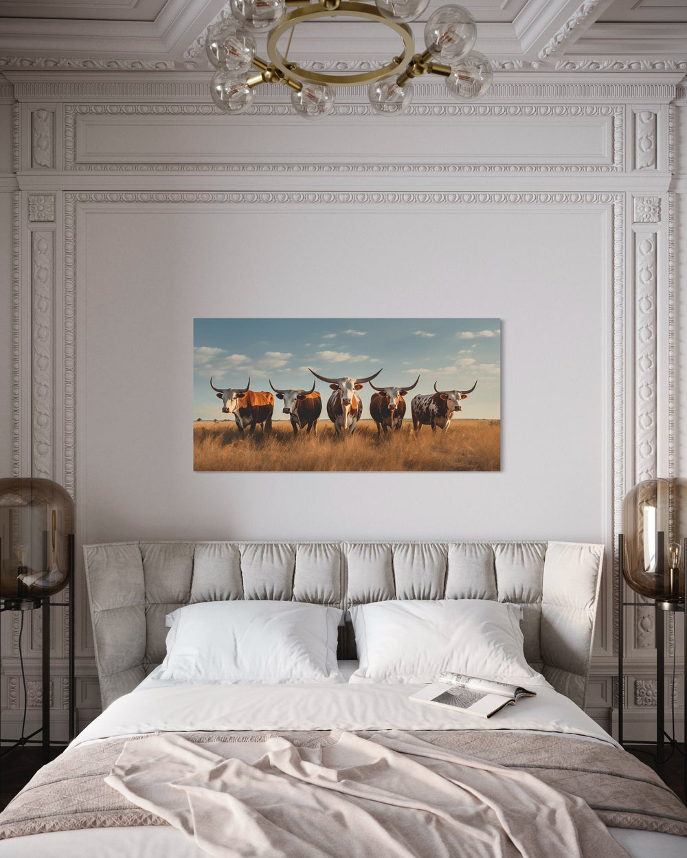 Texas Longhorns Herd In The Field Wall Art "Cattle Gathering" over modern bed