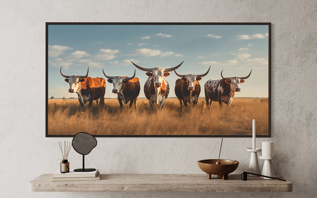 close up view of Texas Longhorns Herd In The Field Wall Art "Cattle Gathering"