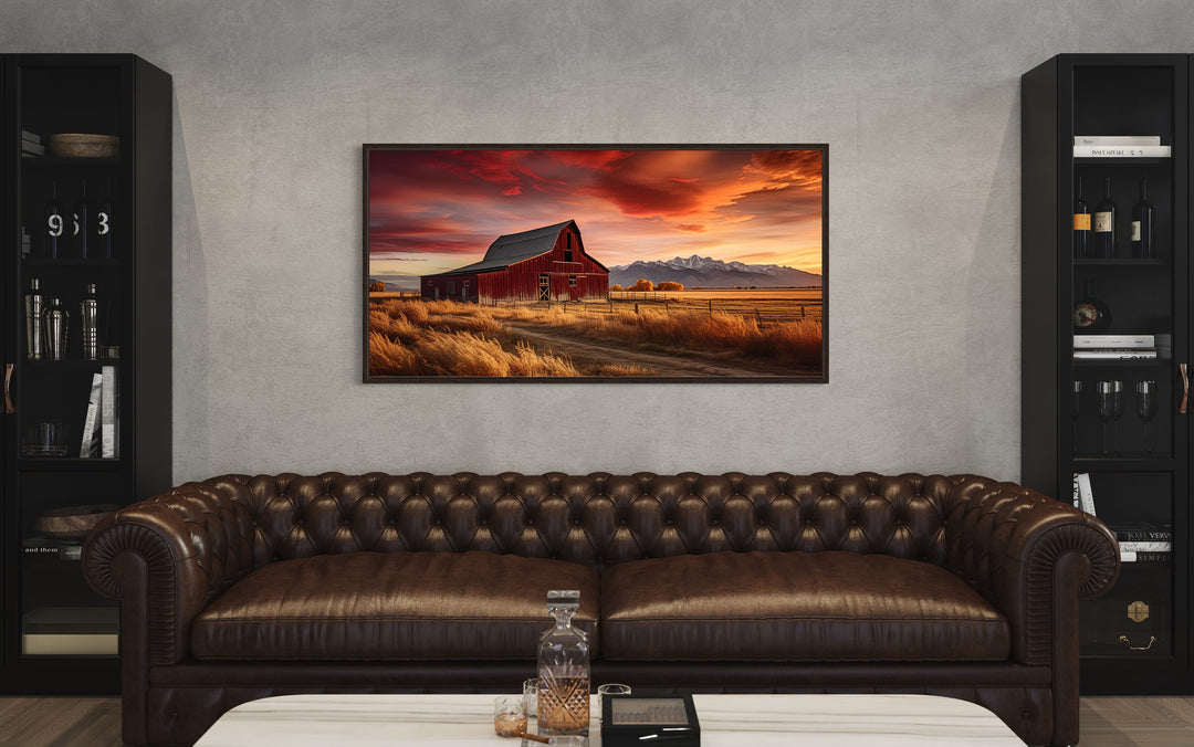 Red Barn In The Fall Canvas Wall Art "Autumn Whisper" over brown couch