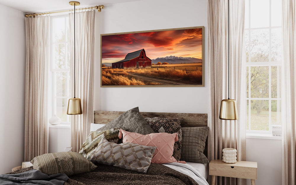 Red Barn In The Fall Canvas Wall Art "Autumn Whisper" hanging over modern bed