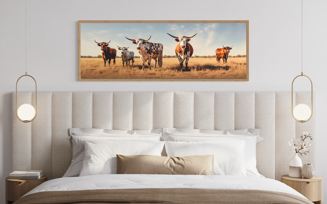 Herd of Texas Longhorn Cows Panoramic Wall Art "Quintet Horizon" over modern bed