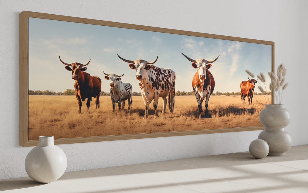 close up side view of Herd of Texas Longhorn Cows Panoramic Wall Art "Quintet Horizon"