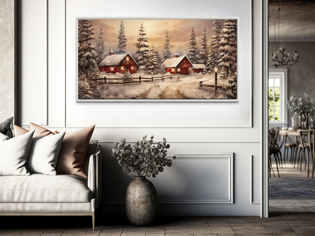 Farm Red Barn In Winter Canvas Wall Art "Winter Homestead" hanging in rustic home