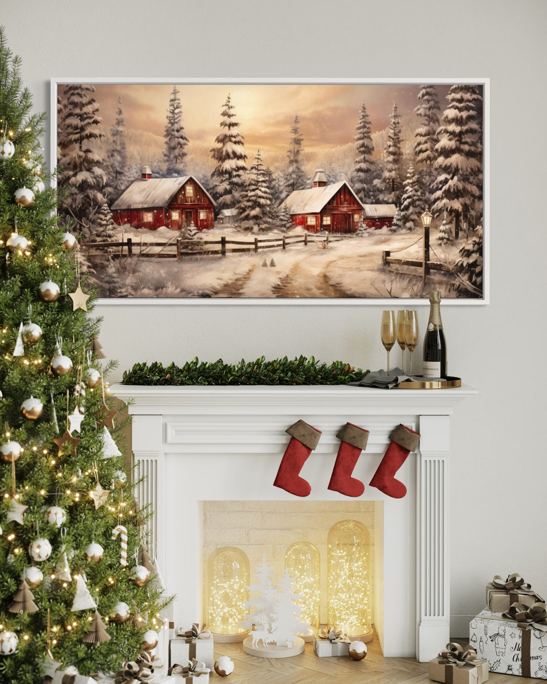Farm Red Barn In Winter Canvas Wall Art "Winter Homestead" hanging over mantel in Christmas decorated home