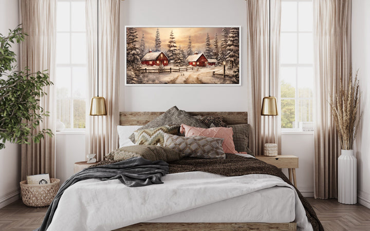 Farm Red Barn In Winter Canvas Wall Art "Winter Homestead" over modern bed