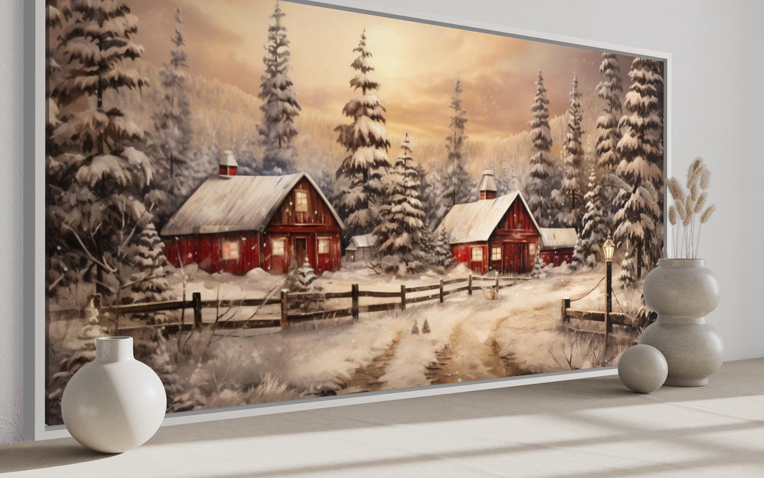 close up view of Farm Red Barn In Winter Canvas Wall Art "Winter Homestead"