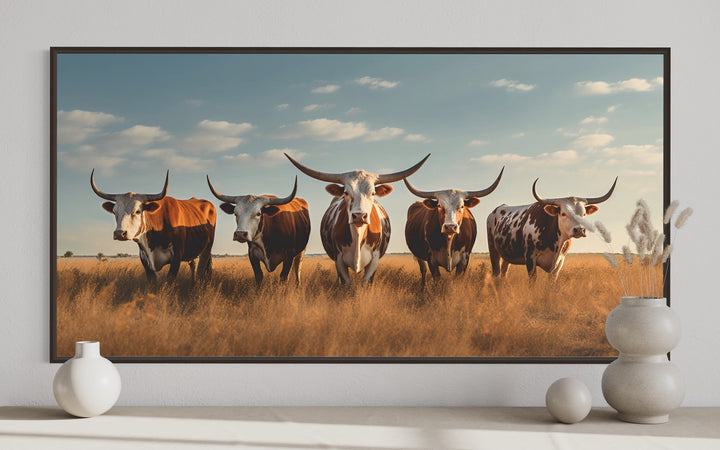 Texas Longhorns Herd In The Field Wall Art "Cattle Gathering" front view