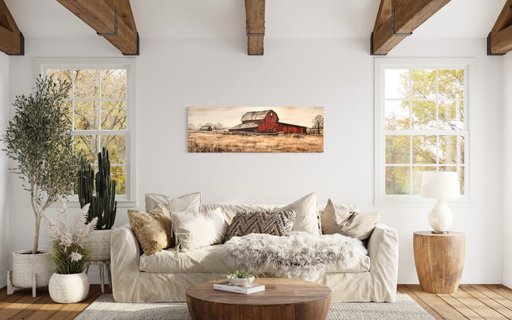 Old Red Barn Rustic Painting on Wood Canvas Wall Art "Rustic Horizon" stretched canvas hanging over beige couch