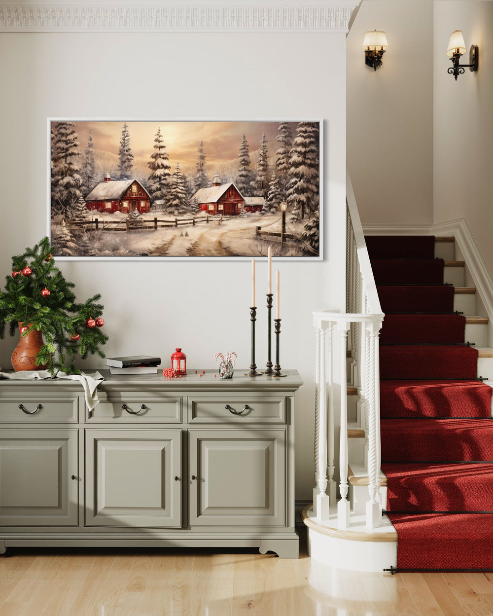 Farm Red Barn In Winter Canvas Wall Art "Winter Homestead" hanging in Christmas home