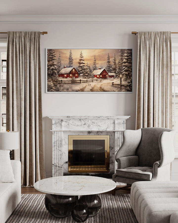 Farm Red Barn In Winter Canvas Wall Art "Winter Homestead" hanging over mantel