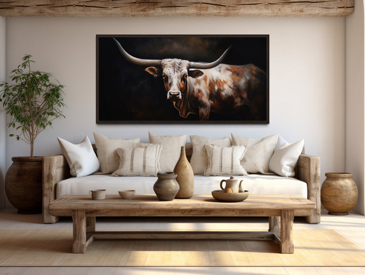 Texas Longhorn Cow Oil Painting Extra Large Wall Art "Sovereign Steer" over rustic couch
