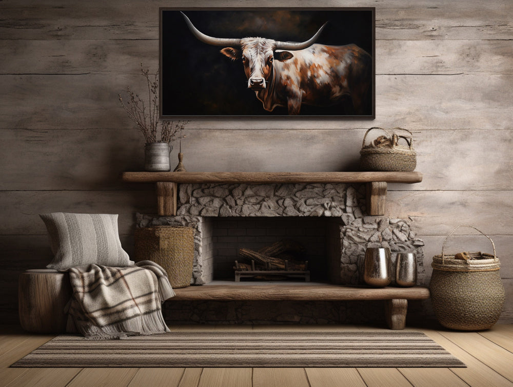 Texas Longhorn Cow Oil Painting Extra Large Wall Art "Sovereign Steer" over rustic mantel