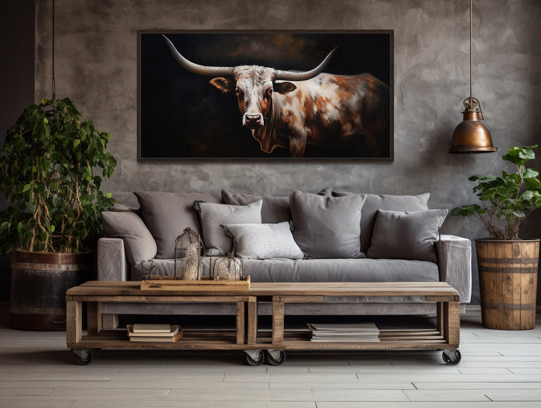 Texas Longhorn Cow Oil Painting Extra Large Wall Art "Sovereign Steer" in rustic home 
