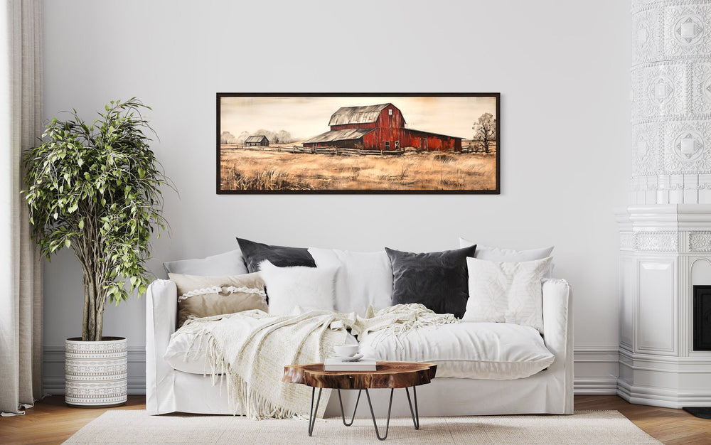 Old Red Barn Rustic Painting on Wood Canvas Wall Art "Rustic Horizon" in walnut frame hanging over white couch