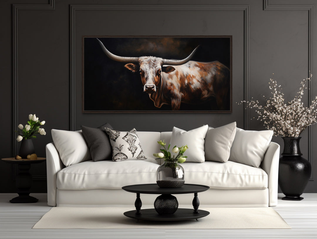 Texas Longhorn Cow Oil Painting Extra Large Wall Art "Sovereign Steer" over white couch