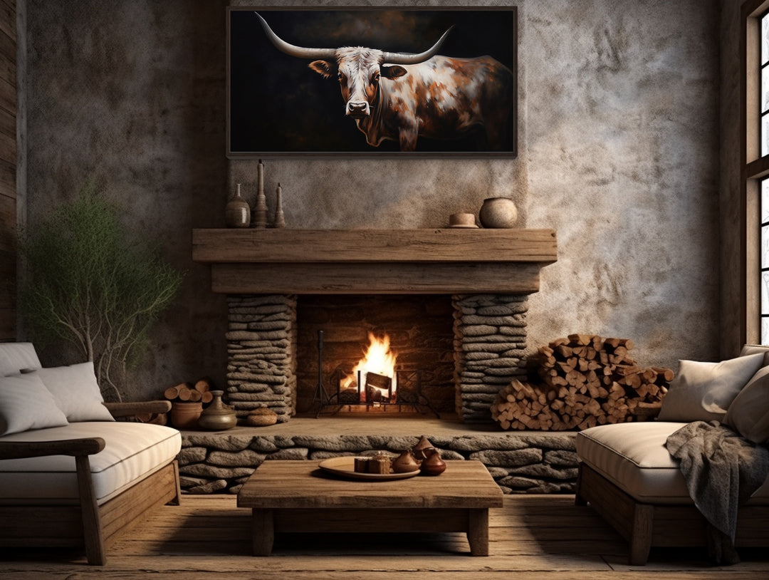 Texas Longhorn Cow Oil Painting Extra Large Wall Art "Sovereign Steer" over fireplace
