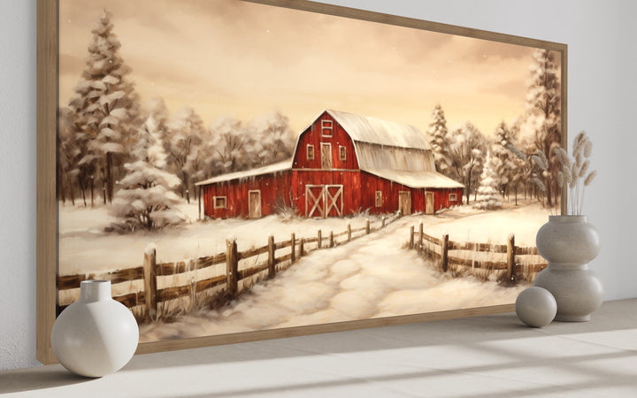close up side view of Red Barn In Snow Winter Wall Art "Winter Homestead" in oak frame