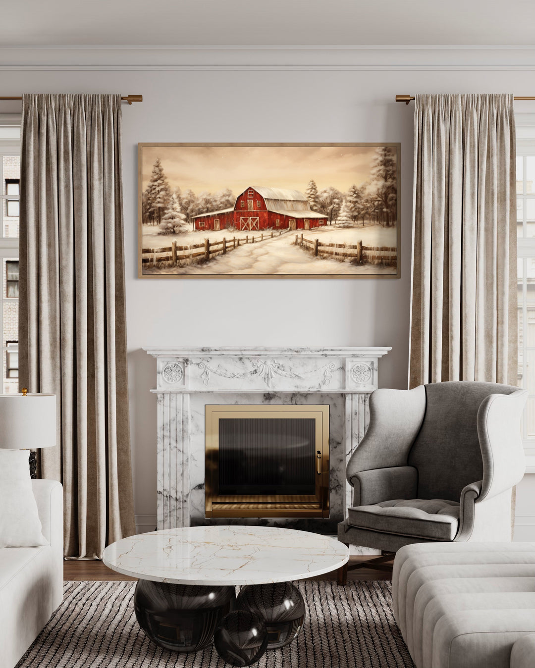 Oak framed Red Barn In Snow Winter Wall Art "Winter Homestead" hanging over mantel