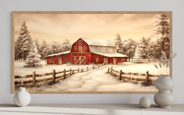 close up of Red Barn In Snow Winter Wall Art "Winter Homestead" in  oak frame