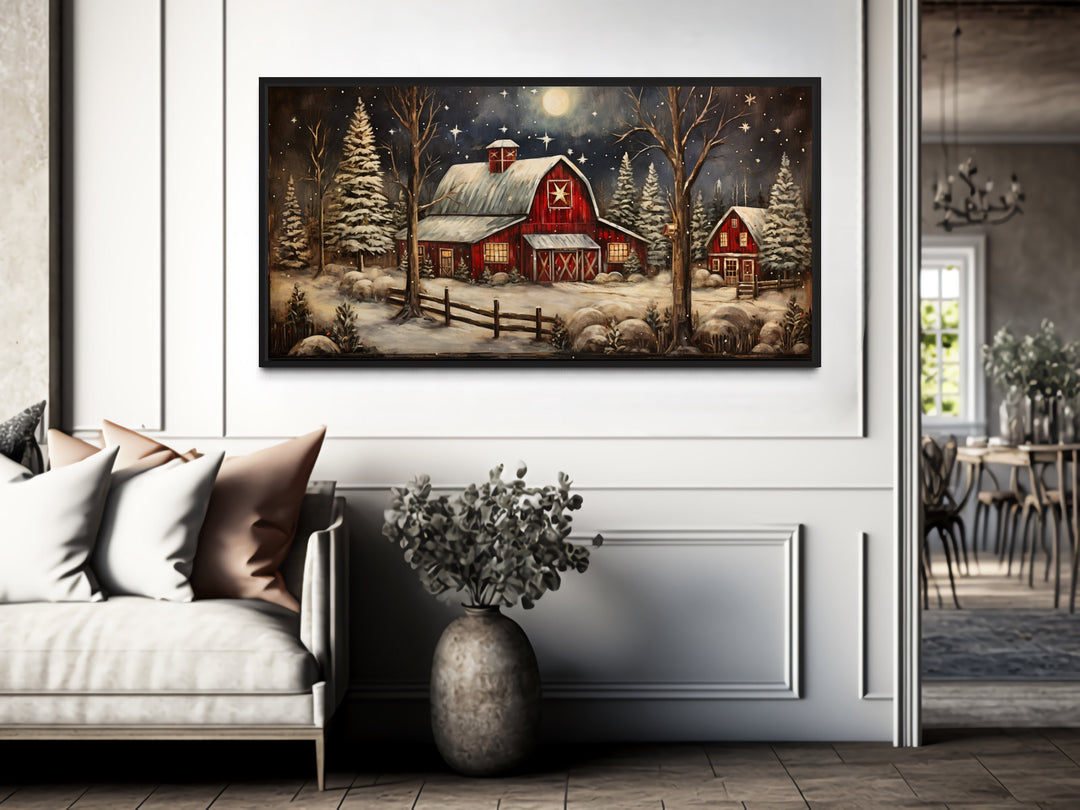 Snowy Farm Barn Painting On Wood Canvas Wall Art "Christmas Retreat" hanging in rustic home
