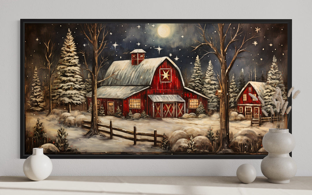 close up of Snowy Farm Barn Painting On Wood Canvas Wall Art "Christmas Retreat" in black frame