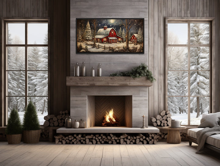 Snowy Farm Barn Painting On Wood Canvas Wall Art "Christmas Retreat" hanging over mantel in christmas home