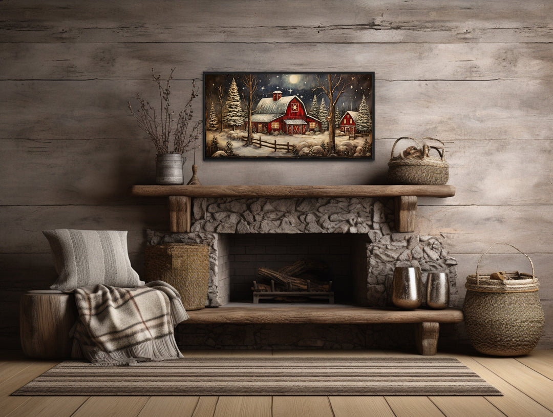 Snowy Farm Barn Painting On Wood Canvas Wall Art "Christmas Retreat" hanging over rustic mantel
