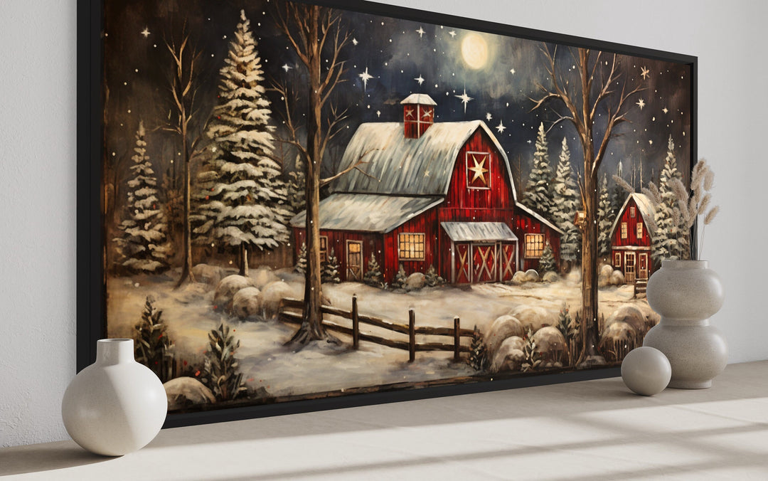 Snowy Farm Barn Painting On Wood Canvas Wall Art "Christmas Retreat" close up side view