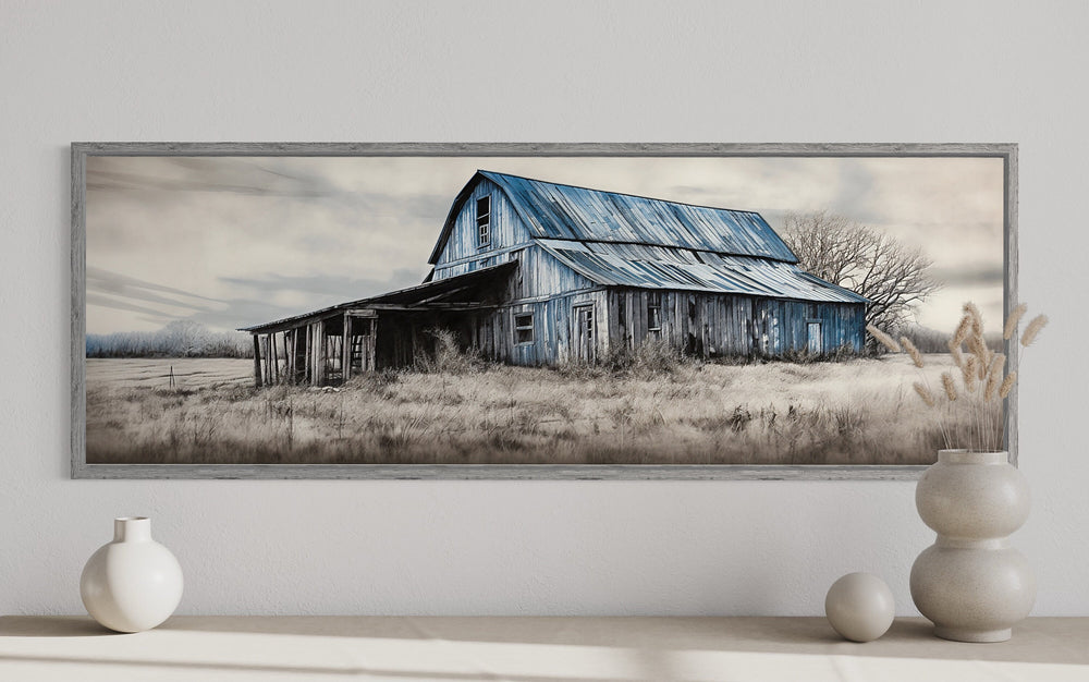close up view of Old Rustic Blue Barn Painting On Wood Canvas Wall Art "Serene Pasture"