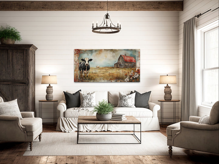 Old Barn And Cows On The Farm Rustic Wall Art "Pastoral Life" hanging over rustic couch