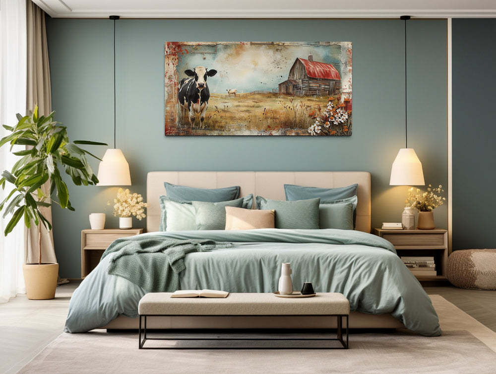 Old Barn And Cows On The Farm Rustic Wall Art "Pastoral Life" hanging over modern bed