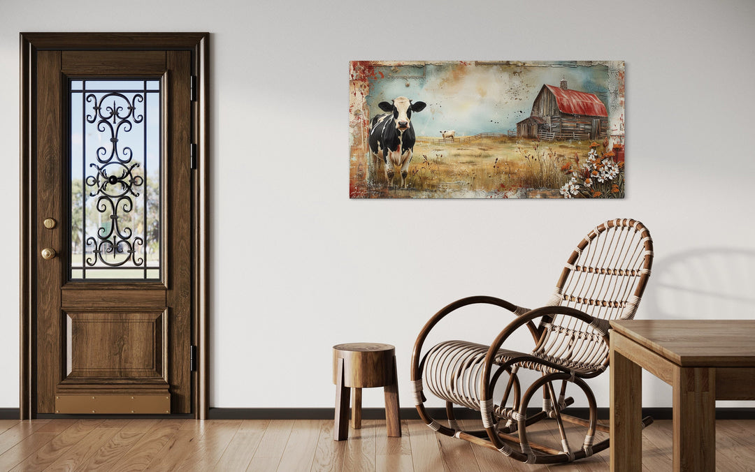 Old Barn And Cows On The Farm Rustic Wall Art "Pastoral Life" hanging on rustic house