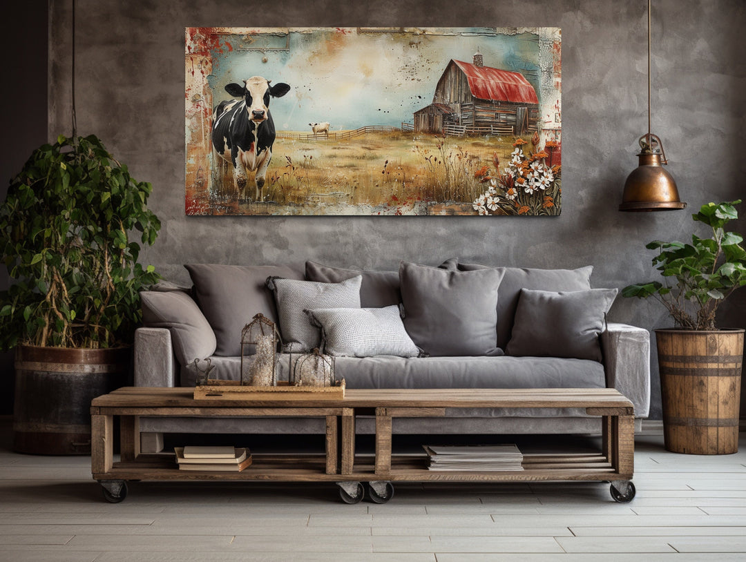 Old Barn And Cows On The Farm Rustic Wall Art "Pastoral Life" hanging over couch in rustic home