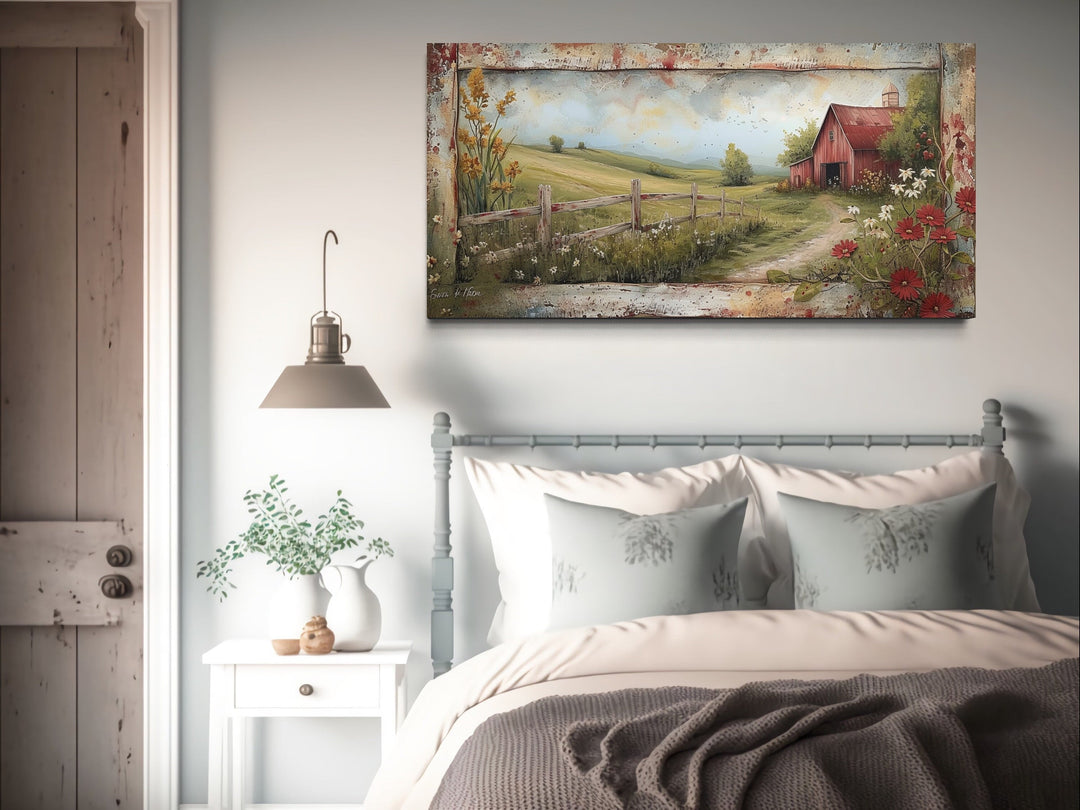 Stretched Rustic Old Red Barn In The Farm Field Wall Art "Rustic Serenity" hanging over bed