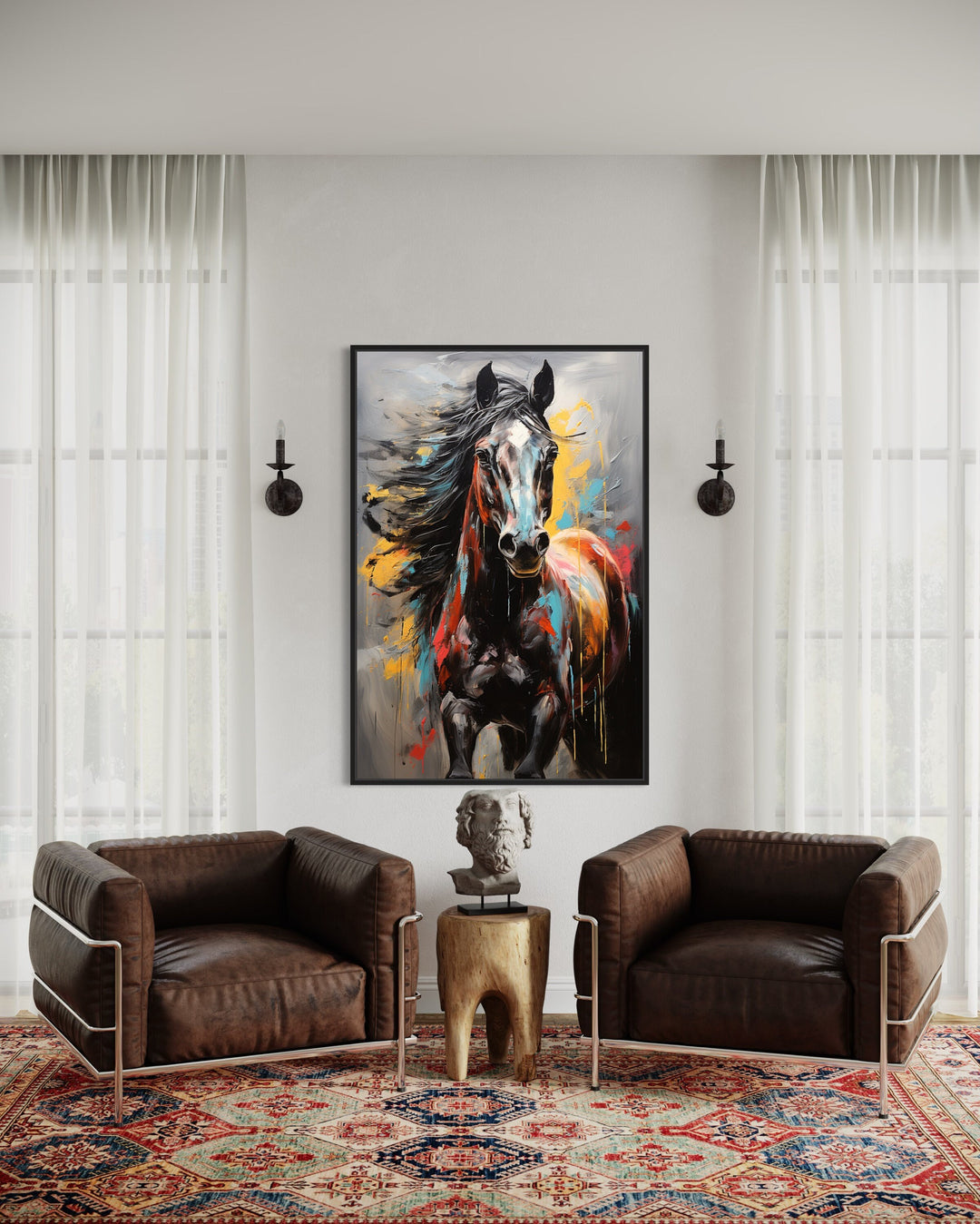 Colorful Abstract Horse Wall Art between two brown amchairs