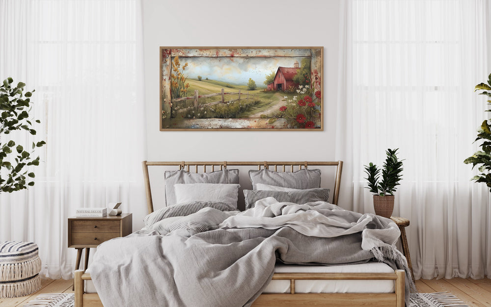 framed Rustic Old Red Barn In The Farm Field Wall Art "Rustic Serenity" hanging over wooden bed