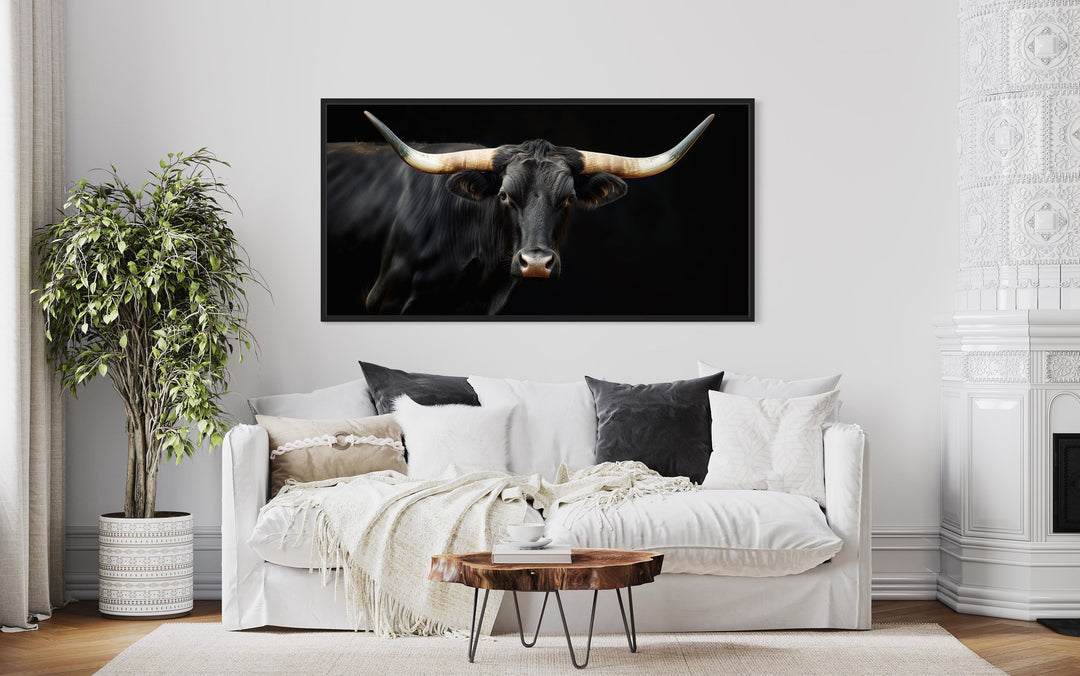 Black Texas Longhorn Photo Style Extra Large Wall Art "Regal Steer" over white couch