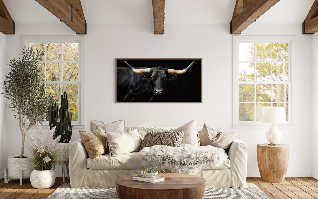 Black Texas Longhorn Photo Style Extra Large Wall Art "Regal Steer" over beige couch