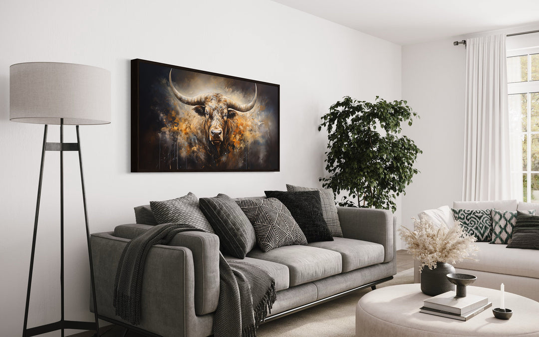 Texas Longhorn Steer Wall Hanging "Lone Star Steer" over grey modern couch