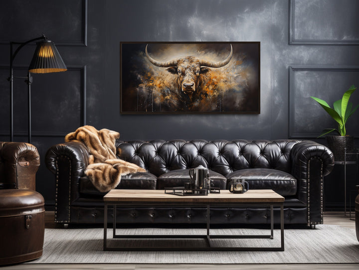 Texas Longhorn Steer Wall Hanging "Lone Star Steer" over leather couch