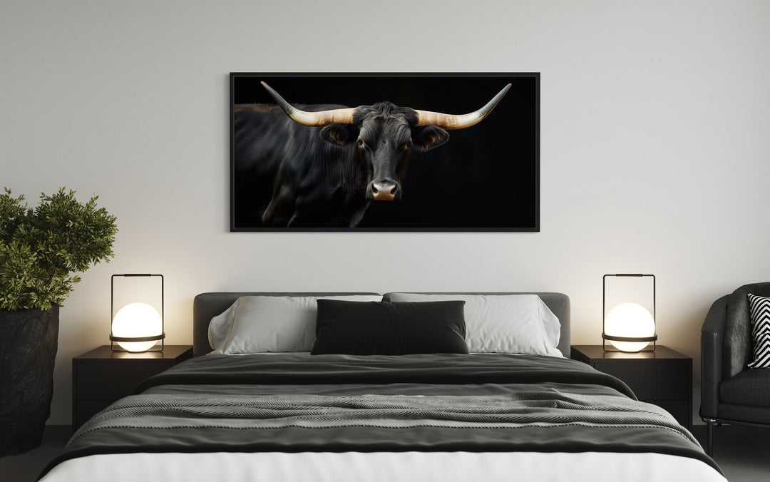 Black Texas Longhorn Photo Style Extra Large Wall Art "Regal Steer" over black and white bed